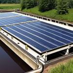 **

A modern wastewater treatment plant with visible mechanical (sedimentation, filtration) and biological (activated sludge) treatment stages. Depict solar panels providing energy to the plant, with a focus on sustainability. Emphasize the clean water output flowing back into a natural river environment.

**