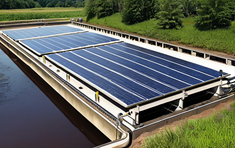 **

A modern wastewater treatment plant with visible mechanical (sedimentation, filtration) and biological (activated sludge) treatment stages. Depict solar panels providing energy to the plant, with a focus on sustainability. Emphasize the clean water output flowing back into a natural river environment.

**