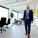 A confident Polish environmental engineer standing in a modern, clean office environment, looking towards a bright future. Behind them, an abstract, upward-curving path represents career progression and financial growth, subtly incorporating icons related to renewable energy, circular economy, and industrial sustainability. The scene is bright and optimistic, conveying specialization and success.