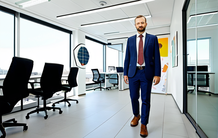 A confident Polish environmental engineer standing in a modern, clean office environment, looking towards a bright future. Behind them, an abstract, upward-curving path represents career progression and financial growth, subtly incorporating icons related to renewable energy, circular economy, and industrial sustainability. The scene is bright and optimistic, conveying specialization and success.